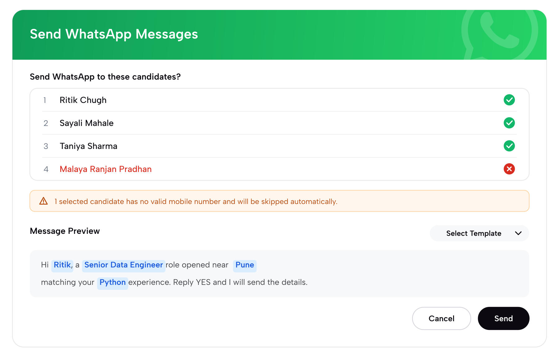 A WhatsApp send panel: four selected candidates with one unreachable number flagged to be skipped, and the message preview resolved for the first of them