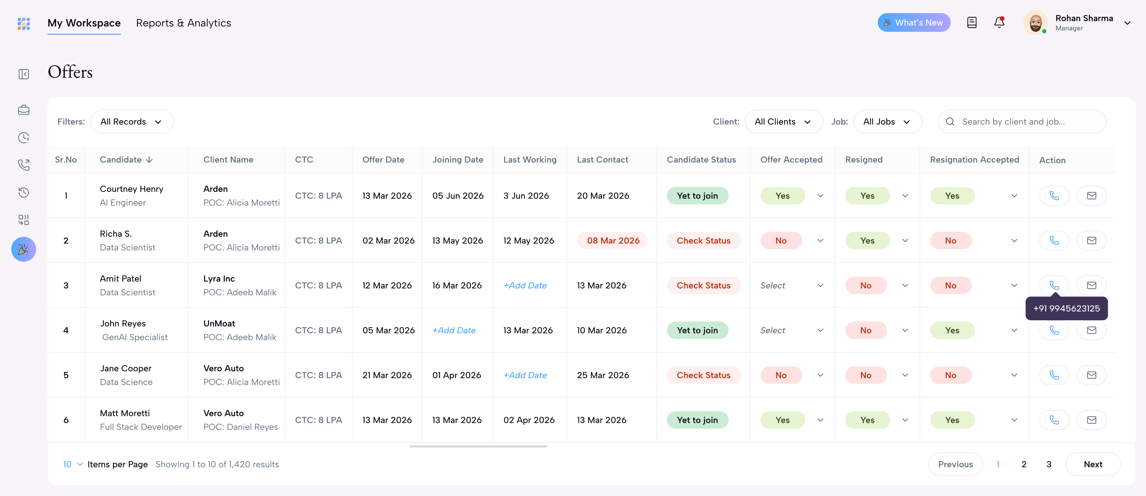 The offer-reminders workspace tracking every signed candidate through their notice period
