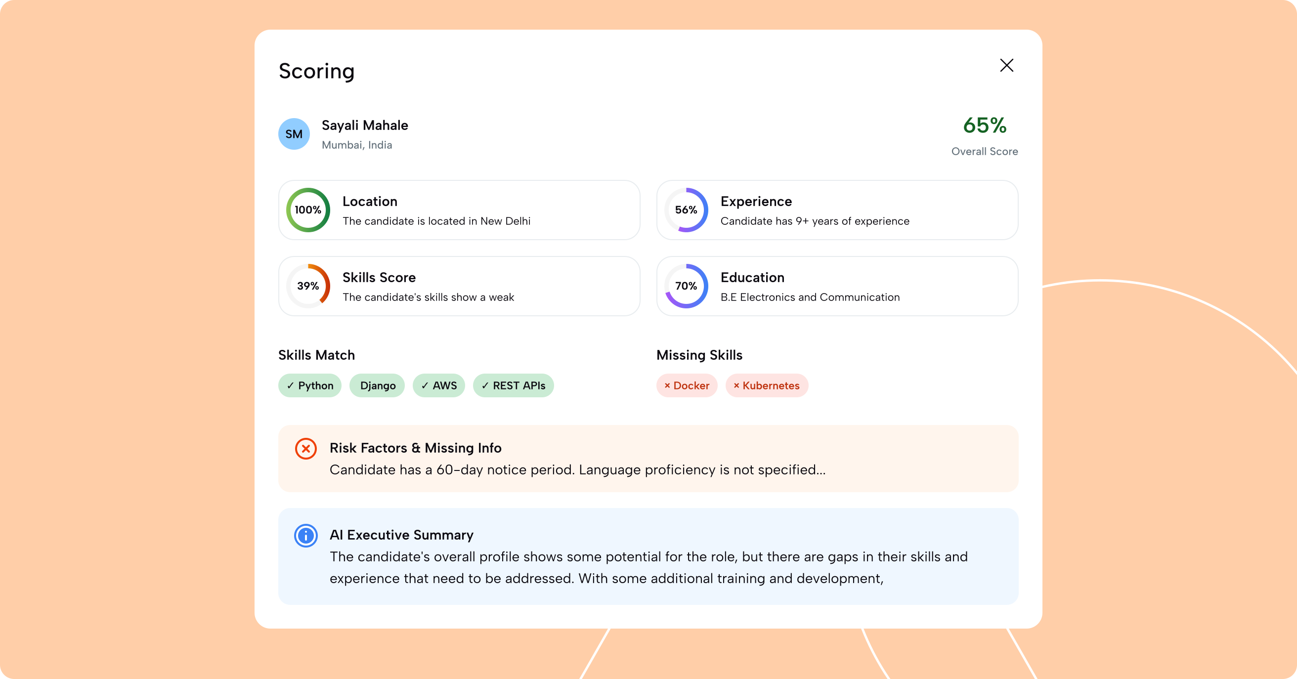 The operations view: a candidate scored on location, experience, skills and education, with matched and missing skills named
